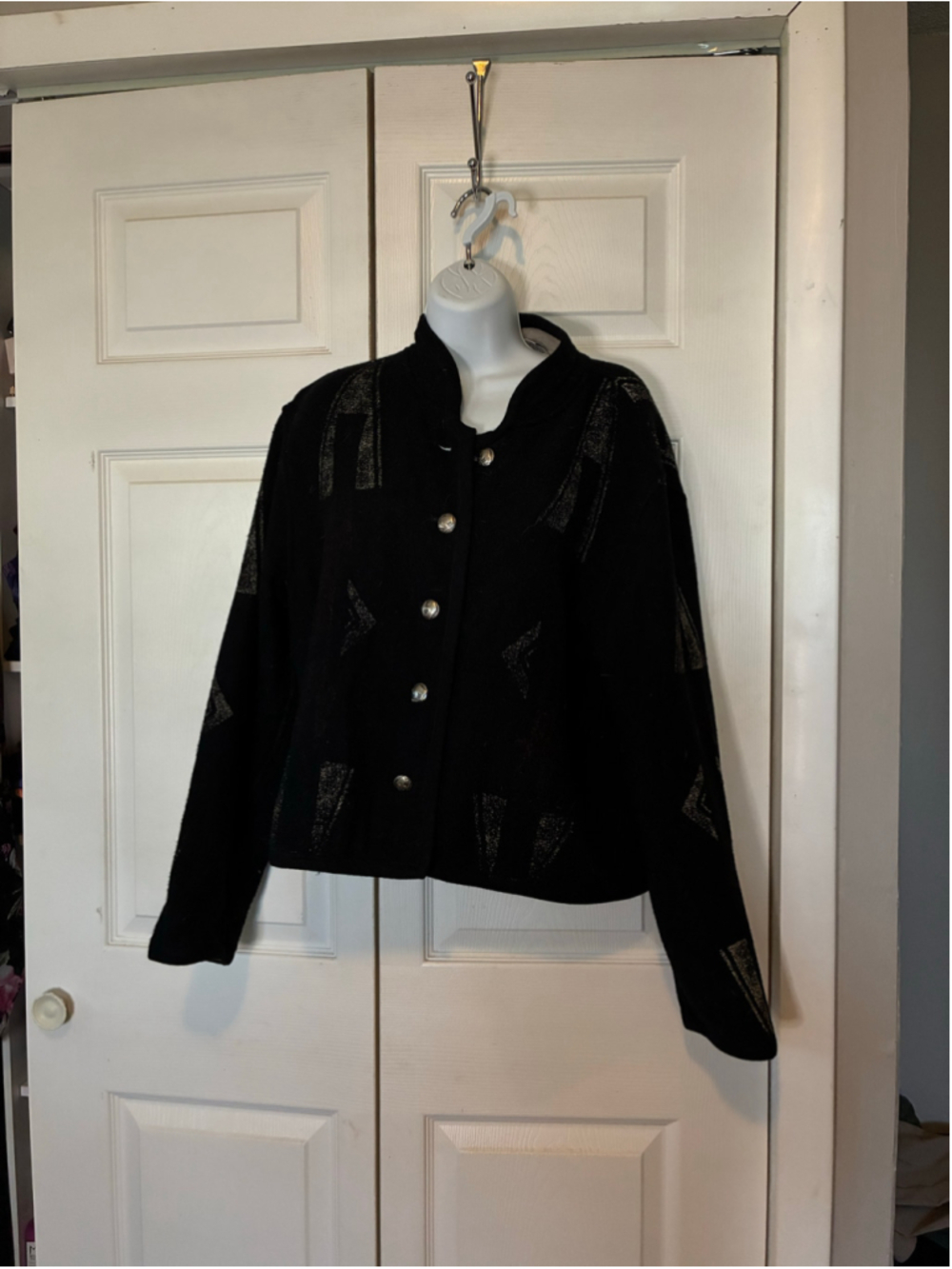 Women's Chico's Wool Blend Patterned Jacket Black Grey Size xl